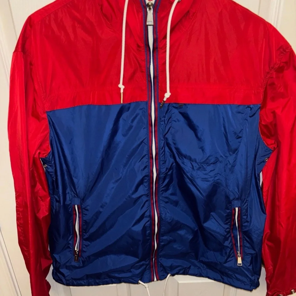 Polo Ralph Lauren Red Blue Hooded Full Zip Windbreaker Rain Winter Jacket Men L